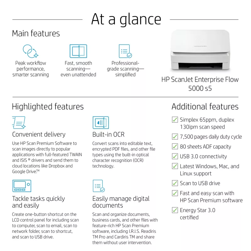 HP Scanjet Enterprise Flow 5000 s5 lokšņu padeves skeneris 600 x 600 DPI A4 Balts