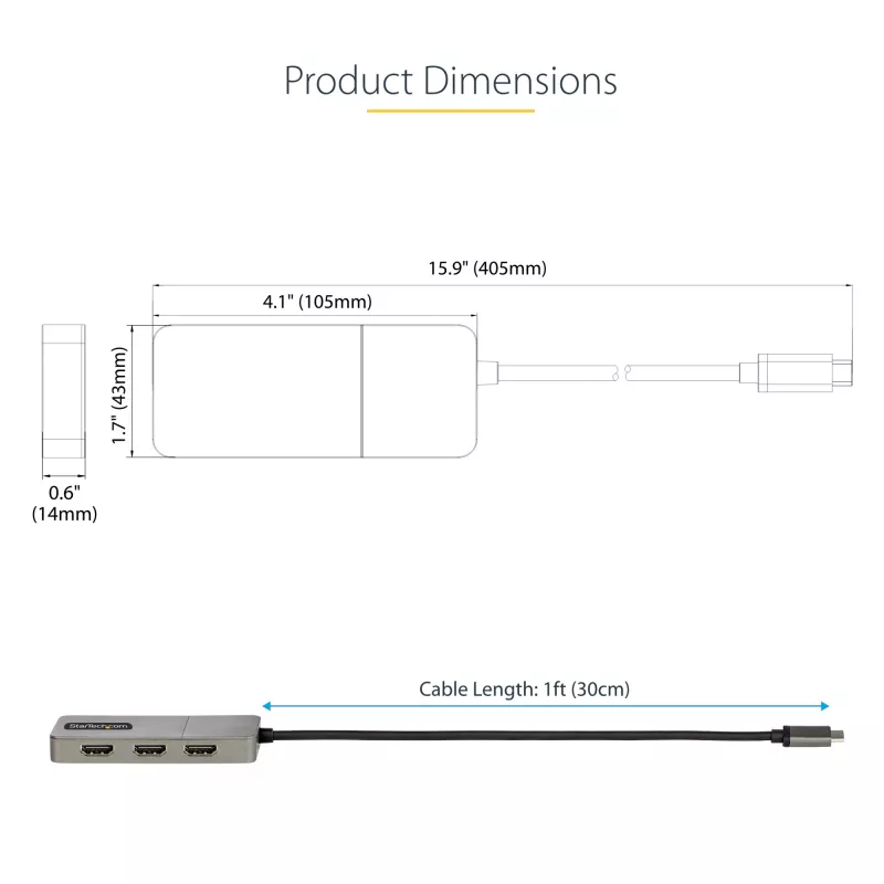 StarTech.com 3 portu USB-C MST centrmezgls — USB Type-C uz 3x HDMI vairāku monitoru adapteris klēpjdatoram — Trīskāršs HDMI līdz 4K 60 Hz ar DP 1.4 Alt režīmu un DSC — HDR — 1 pēdas (30 cm) kabelis — Tikai Windows