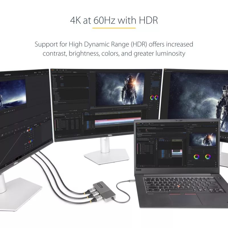 StarTech.com 3 portu USB-C MST centrmezgls — USB Type-C uz 3x HDMI vairāku monitoru adapteris klēpjdatoram — Trīskāršs HDMI līdz 4K 60 Hz ar DP 1.4 Alt režīmu un DSC — HDR — 1 pēdas (30 cm) kabelis — Tikai Windows