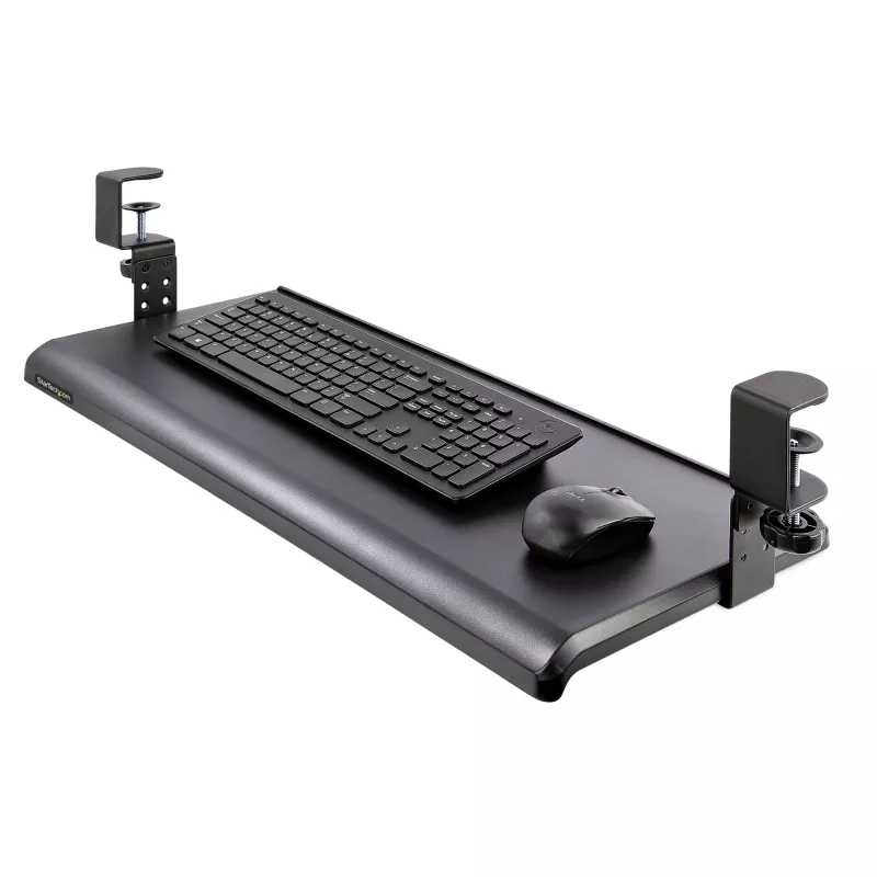 StarTech.com Zemgalda tastatūras paliktnis, pieskrūvējams ergonomisks tastatūras turētājs, līdz 12 kg (26,5 lb), bīdāma tastatūras un peles atvilktne ar C veida skavām, augstumā regulējams tastatūras paliktnis (3,9/4,7/5,5 collas)