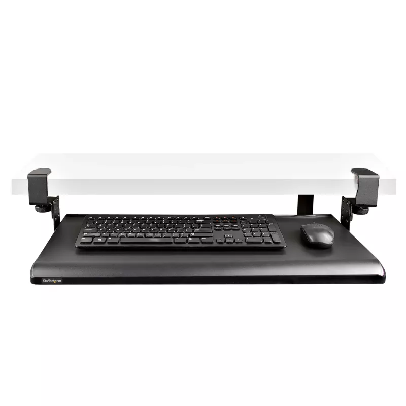 StarTech.com Zemgalda tastatūras paliktnis, pieskrūvējams ergonomisks tastatūras turētājs, līdz 12 kg (26,5 lb), bīdāma tastatūras un peles atvilktne ar C veida skavām, augstumā regulējams tastatūras paliktnis (3,9/4,7/5,5 collas)