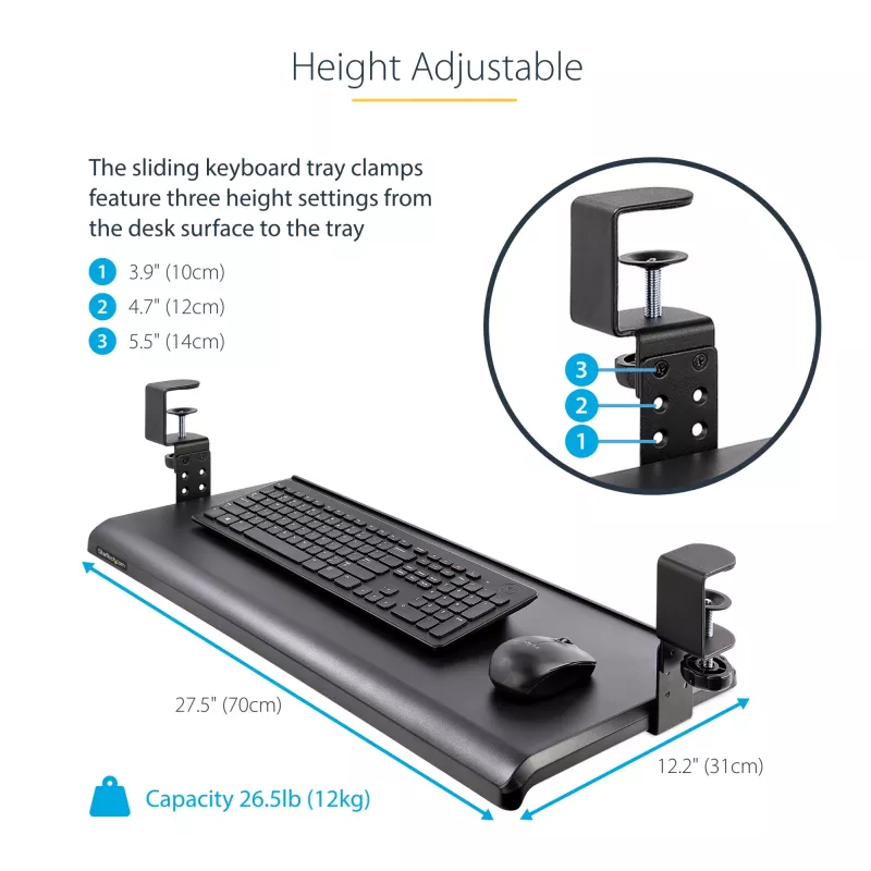 StarTech.com Zemgalda tastatūras paliktnis, pieskrūvējams ergonomisks tastatūras turētājs, līdz 12 kg (26,5 lb), bīdāma tastatūras un peles atvilktne ar C veida skavām, augstumā regulējams tastatūras paliktnis (3,9/4,7/5,5 collas)