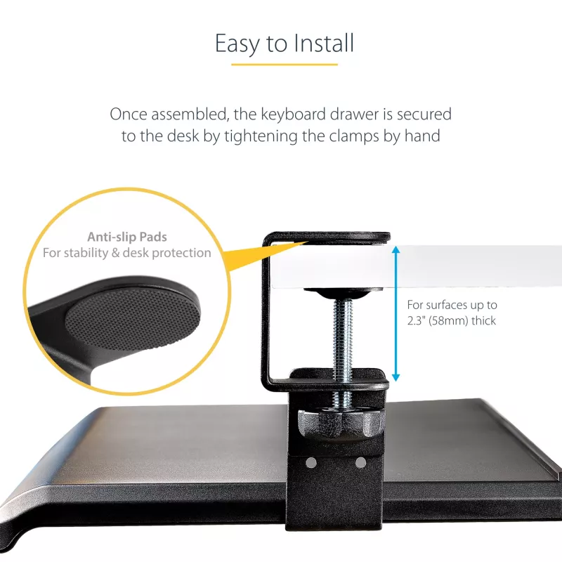 StarTech.com Zemgalda tastatūras paliktnis, pieskrūvējams ergonomisks tastatūras turētājs, līdz 12 kg (26,5 lb), bīdāma tastatūras un peles atvilktne ar C veida skavām, augstumā regulējams tastatūras paliktnis (3,9/4,7/5,5 collas)