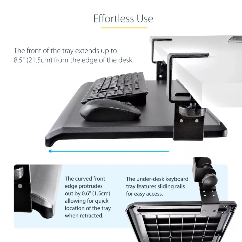 StarTech.com Zemgalda tastatūras paliktnis, pieskrūvējams ergonomisks tastatūras turētājs, līdz 12 kg (26,5 lb), bīdāma tastatūras un peles atvilktne ar C veida skavām, augstumā regulējams tastatūras paliktnis (3,9/4,7/5,5 collas)
