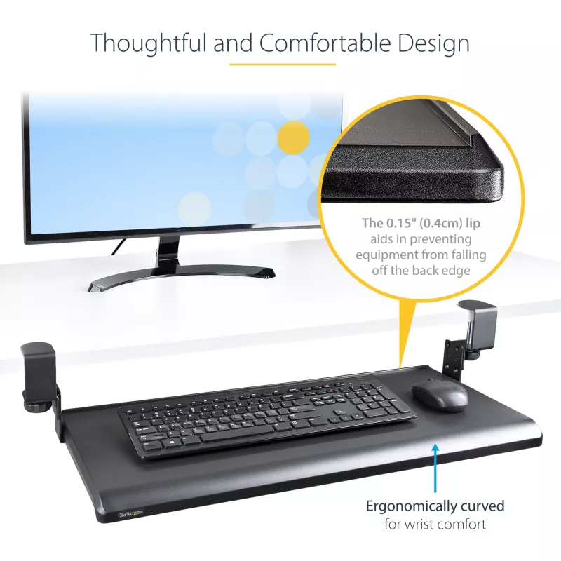 StarTech.com Zemgalda tastatūras paliktnis, pieskrūvējams ergonomisks tastatūras turētājs, līdz 12 kg (26,5 lb), bīdāma tastatūras un peles atvilktne ar C veida skavām, augstumā regulējams tastatūras paliktnis (3,9/4,7/5,5 collas)