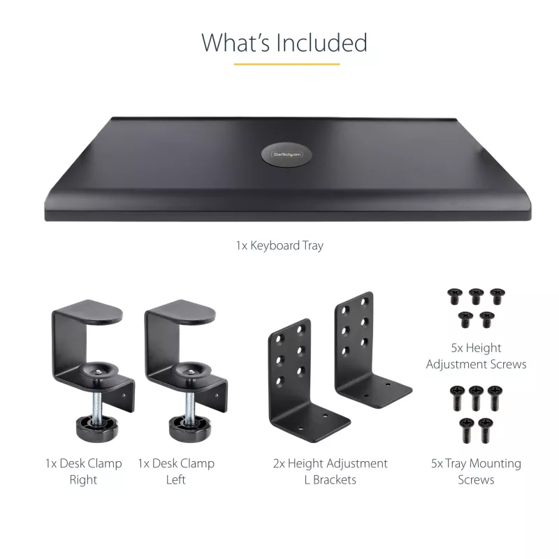 StarTech.com Zemgalda tastatūras paliktnis, pieskrūvējams ergonomisks tastatūras turētājs, līdz 12 kg (26,5 lb), bīdāma tastatūras un peles atvilktne ar C veida skavām, augstumā regulējams tastatūras paliktnis (3,9/4,7/5,5 collas)