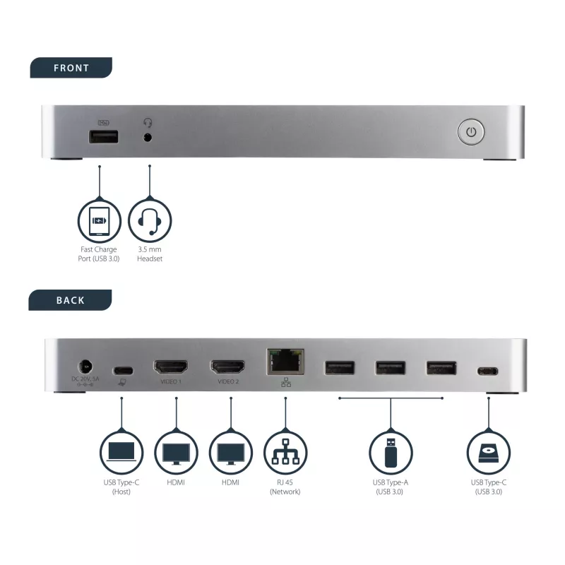 StarTech.com Dual Monitor USB C Docking Station ar 60 W Power Delivery Windows klēpjdatoriem - USB C uz HDMI/DVI dokstacija - USB 3.1 Gen 1 Type C dokstacija ar uzlādi - Thunderbolt 3 saderīga