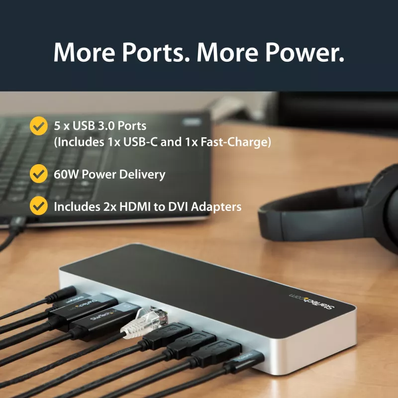 StarTech.com Dual Monitor USB C Docking Station ar 60 W Power Delivery Windows klēpjdatoriem - USB C uz HDMI/DVI dokstacija - USB 3.1 Gen 1 Type C dokstacija ar uzlādi - Thunderbolt 3 saderīga