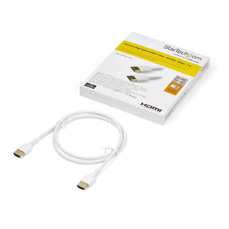 StarTech.com 3 pēdu (1 m) plāns HDMI 2.0 kabelis, elastīgs Premium sertificēts HDMI vads ar Ethernet, UHD 4K 60Hz HDR10, izturīgs aramīda šķiedras dizains ar TPE apvalku, balts