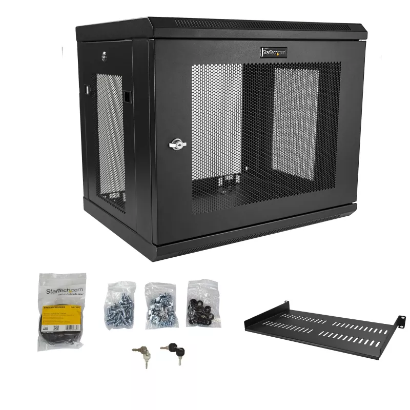 StarTech.com 2-stabu 9U sienas montāžas tīkla skapis ar 1U plauktu, 19 collu pie sienas stiprināms serveru statnis datu/tīklu/AV/elektronikas/datoru iekārtām, mazs ventilējams statņu korpuss