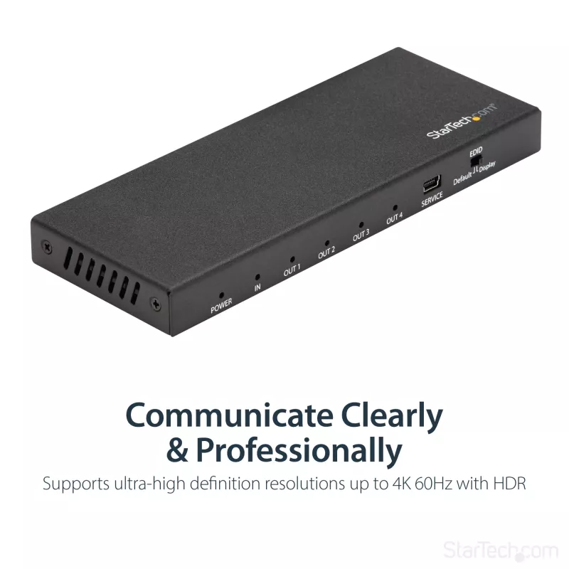 StarTech.com 4-Port HDMI Splitter - 4K 60Hz, HDMI, 4x HDMI, 3840 x 2160 pikseļi, Melns, 4K Ultra HD, 60 Hz