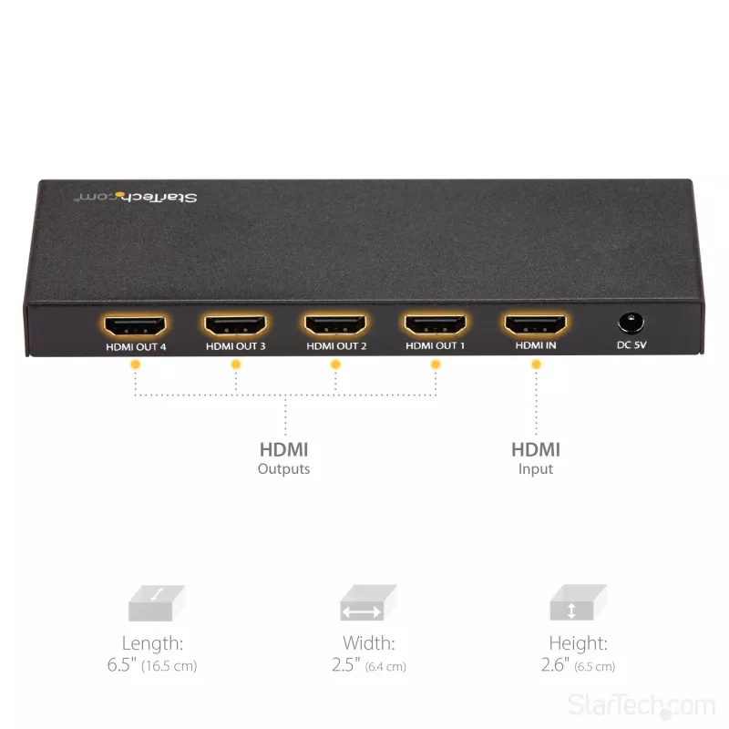 StarTech.com 4-Port HDMI Splitter - 4K 60Hz, HDMI, 4x HDMI, 3840 x 2160 pikseļi, Melns, 4K Ultra HD, 60 Hz