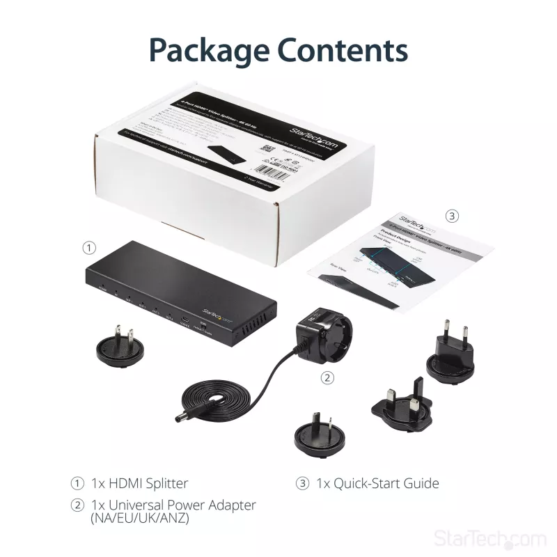 StarTech.com 4-Port HDMI Splitter - 4K 60Hz, HDMI, 4x HDMI, 3840 x 2160 pikseļi, Melns, 4K Ultra HD, 60 Hz