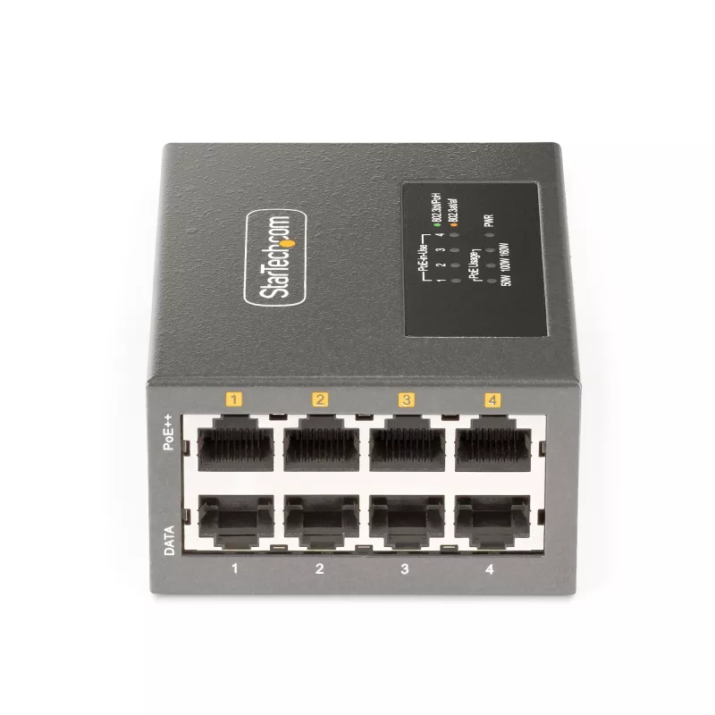StarTech.com 4 portu multi-gigabitu PoE++ inžektors, 5/2,5/1G Ethernet (NBASE-T), PoE/PoE+/PoE++ (802.3af/802.3at/802.3bt), 160 vatu jaudas budžets, piestiprināms pie sienas/DIN sliedes, nepārvaldāms