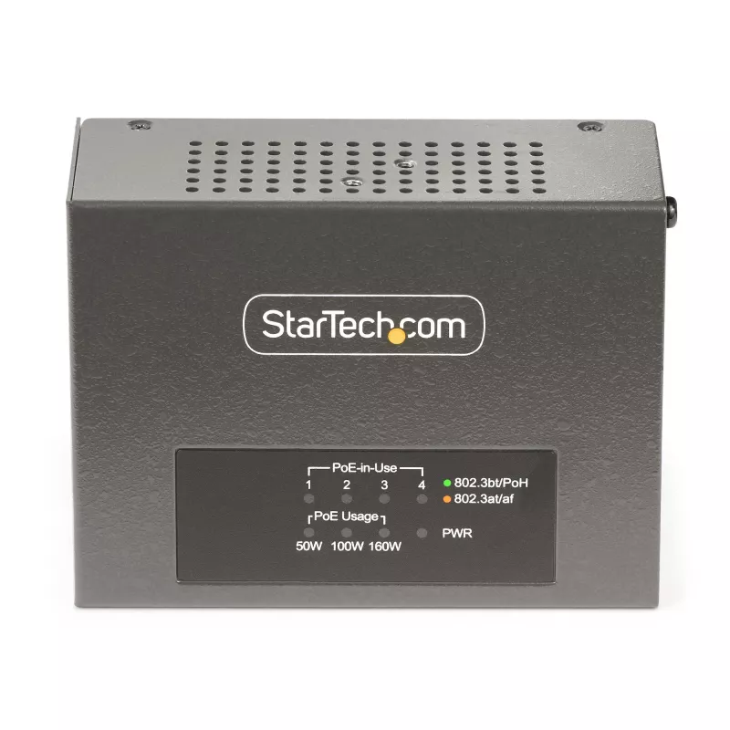 StarTech.com 4 portu multi-gigabitu PoE++ inžektors, 5/2,5/1G Ethernet (NBASE-T), PoE/PoE+/PoE++ (802.3af/802.3at/802.3bt), 160 vatu jaudas budžets, piestiprināms pie sienas/DIN sliedes, nepārvaldāms