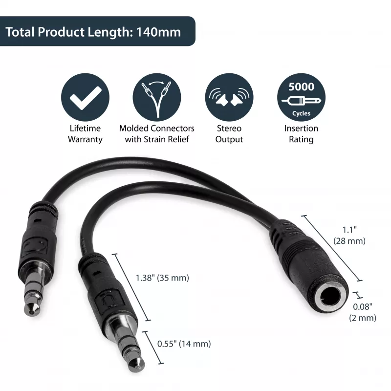 StarTech.com 3,5 mm 4 pozīciju uz 2x 3 pozīciju 3,5 mm austiņu dalītāja adapteris - F/M