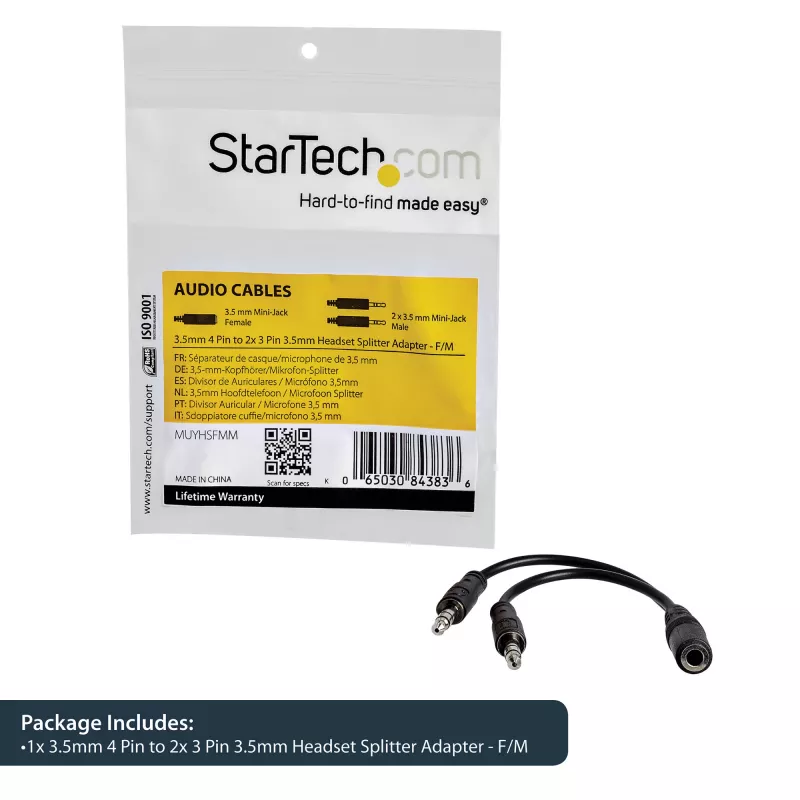 StarTech.com 3,5 mm 4 pozīciju uz 2x 3 pozīciju 3,5 mm austiņu dalītāja adapteris - F/M