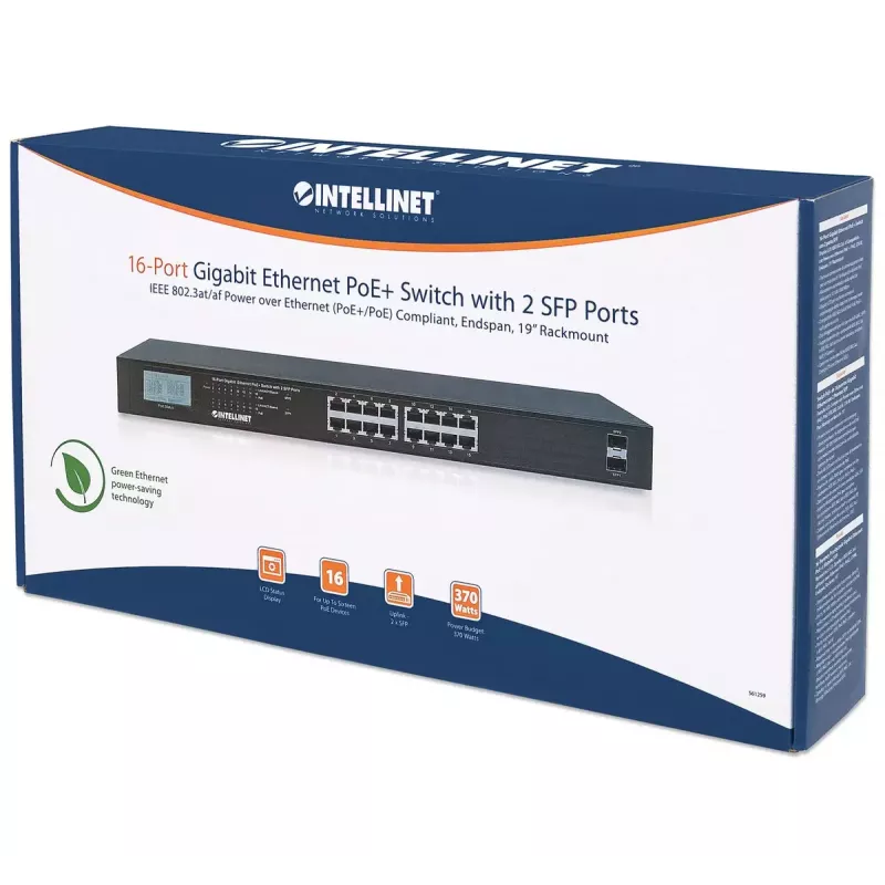 Nepārvaldāms slēdzis Intellinet 16 portu Gigabit Ethernet PoE+ 370W
