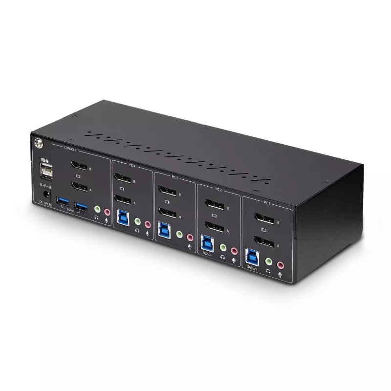 StarTech.com 4 portu divu monitoru DisplayPort KVM slēdzis, 4K 60Hz, 2x USB 5Gbps centrmezgla porti, 2x USB 2.0 HID porti, pārslēgšana ar karstajiem taustiņiem un pogām, TAA atbilstīgs - 3,5 mm audio, HDCP