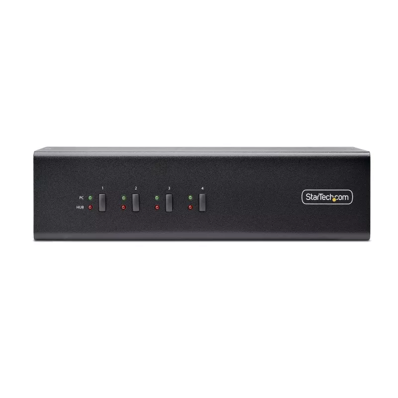 StarTech.com 4 portu divu monitoru DisplayPort KVM slēdzis, 4K 60Hz, 2x USB 5Gbps centrmezgla porti, 2x USB 2.0 HID porti, pārslēgšana ar karstajiem taustiņiem un pogām, TAA atbilstīgs - 3,5 mm audio, HDCP