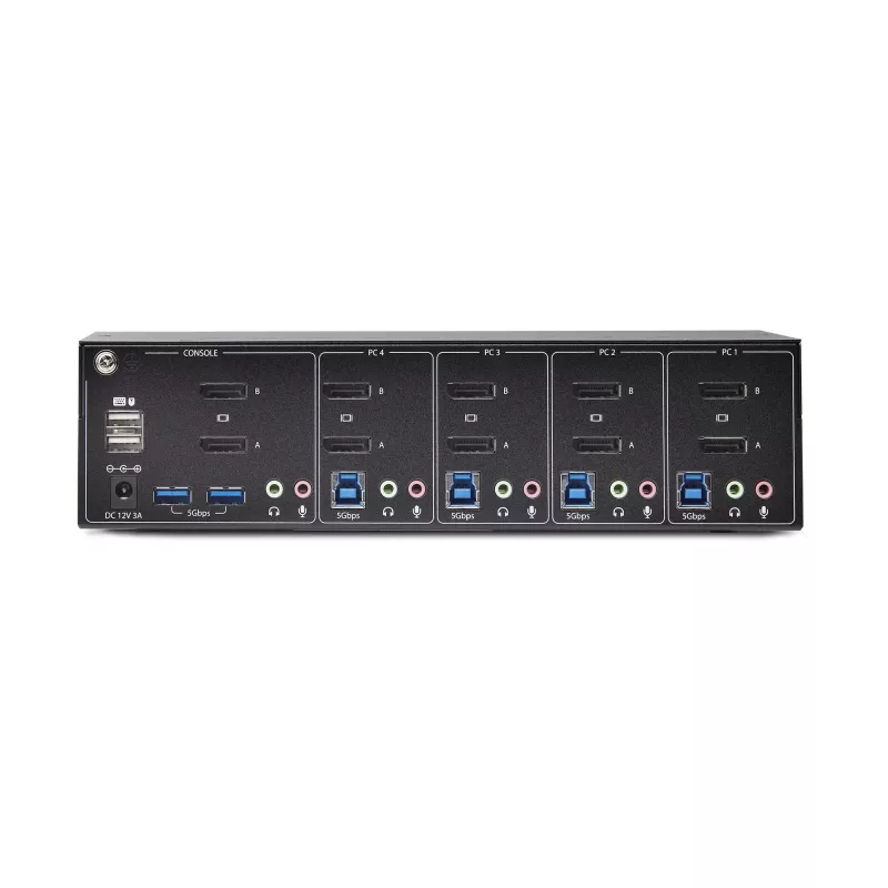 StarTech.com 4 portu divu monitoru DisplayPort KVM slēdzis, 4K 60Hz, 2x USB 5Gbps centrmezgla porti, 2x USB 2.0 HID porti, pārslēgšana ar karstajiem taustiņiem un pogām, TAA atbilstīgs - 3,5 mm audio, HDCP
