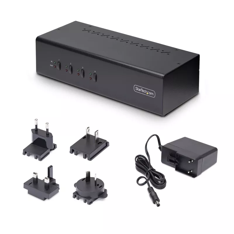 StarTech.com 4 portu divu monitoru DisplayPort KVM slēdzis, 4K 60Hz, 2x USB 5Gbps centrmezgla porti, 2x USB 2.0 HID porti, pārslēgšana ar karstajiem taustiņiem un pogām, TAA atbilstīgs - 3,5 mm audio, HDCP