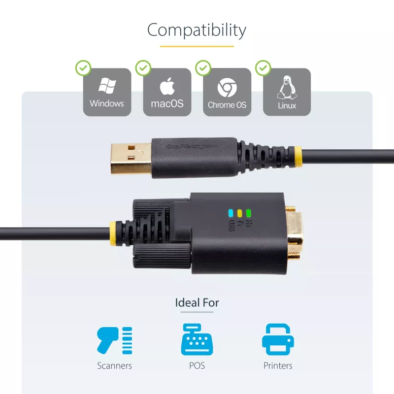StarTech.com 3 pēdu (1 m) USB–seriālā porta adaptera kabelis, COM saglabāšana, maināmās skrūves/uzgriežņi, USB-A uz DB9 RS232, FTDI IC, ESD aizsardzība, Windows/macOS/Linux