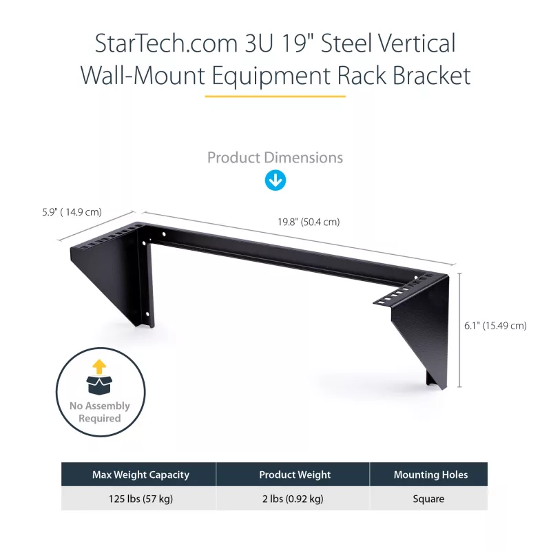 StarTech.com 3U 19” sienas stiprinājuma vertikālā plaukta kronšteins, sienas stiprinājuma patch paneļa kronšteins datu/AV/IT/datoru iekārtām, 3U plaukts skapim vai serveru telpai, atbalsta 150 lb (68 kg) slodzi