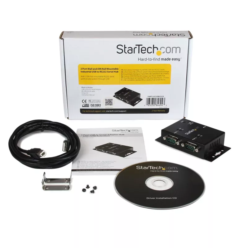 StarTech.com 2 portu industriāls uz sienas stiprināms USB–Seriālais adaptera centrmezgls ar DIN sliedes skavām