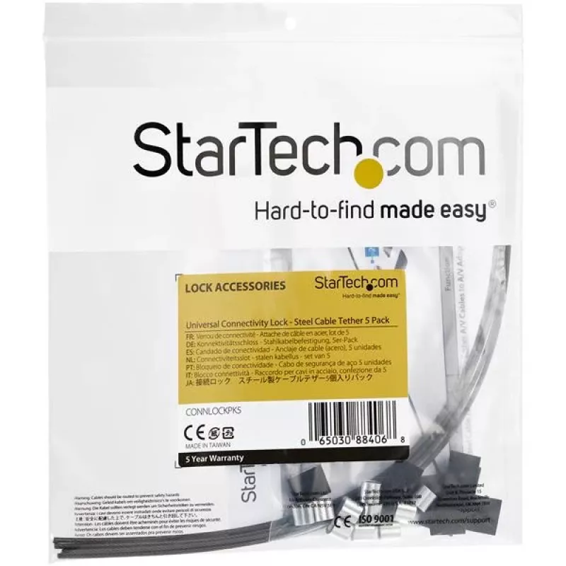 StarTech.com 5 iepakojumā drošības troses adapteriem un sargspraudņiem - Universāla kabeļa adaptera trosīte - Trosīšu kabeļi - Regulējama garuma pretaizdzīšanas trosīšu bloķēšanas komplekts - Tērauds