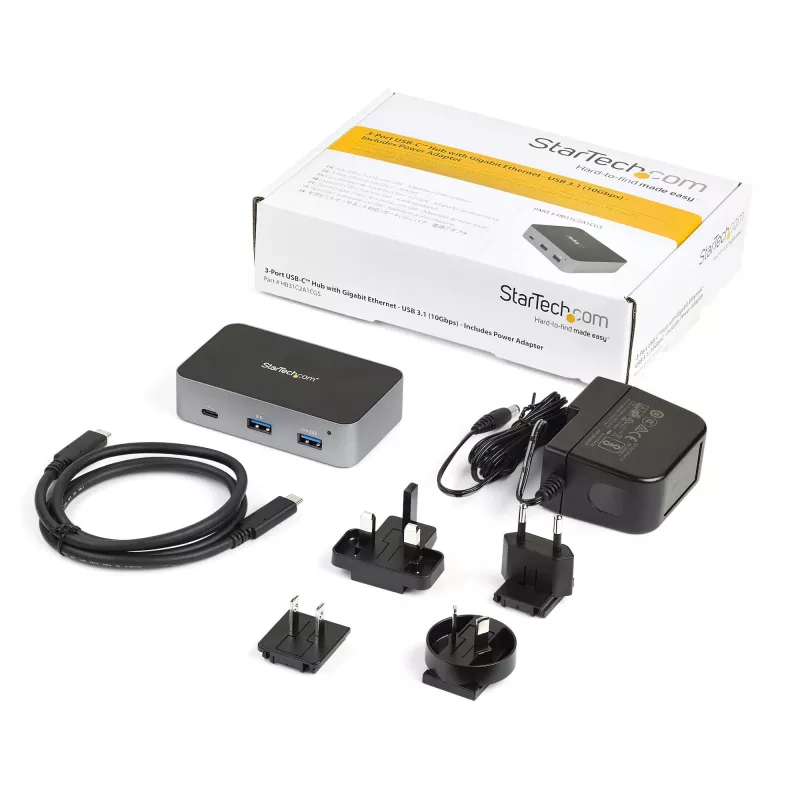 StarTech.com ~ 3 portu USB C 3.2 Gen 2 centrmezgls ar Ethernet adapteri - 10 Gbps USB Type-C uz 2x USB-A un 1x USB-C pieslēgvietu - USB centrmezgls ar BC 1.2 tālruņa ātro uzlādi - SuperSpeed 10 Gbps USB C centrmezgls