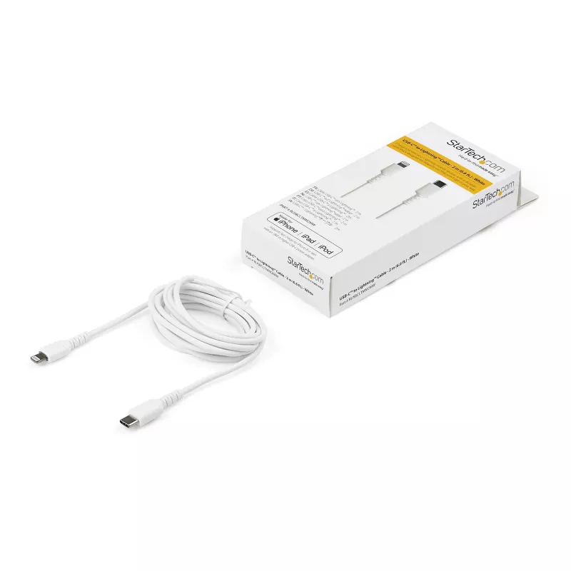 StarTech.com 6 pēdu (2 m) izturīgs balts USB-C uz Lightning kabelis – lielas slodzes izturīgs, pastiprināts ar aramīda šķiedru USB Type C uz Lightning lādēšanas/sinhronizācijas strāvas vads – Apple MFi sertificēts iPad/iPhone 12