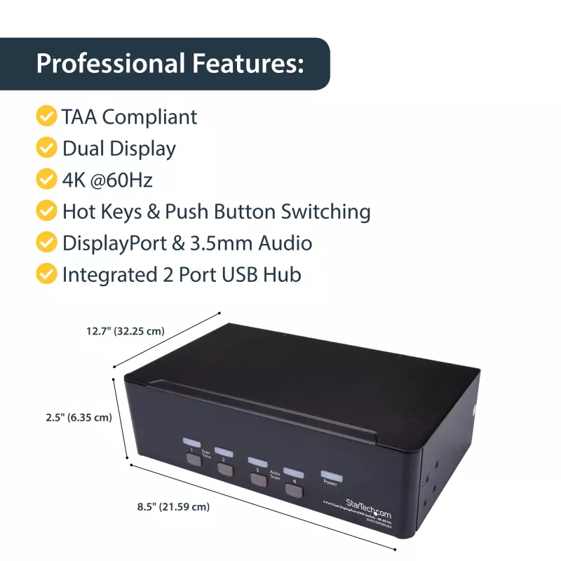 StarTech.com 4-Port Dual DisplayPort KVM Switch - 4K 60Hz, 3840 x 2160 pikseļi, 4K Ultra HD, Rack mounting, 18 W, 2U, Melns