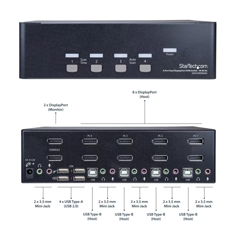 StarTech.com 4-Port Dual DisplayPort KVM Switch - 4K 60Hz, 3840 x 2160 pikseļi, 4K Ultra HD, Rack mounting, 18 W, 2U, Melns