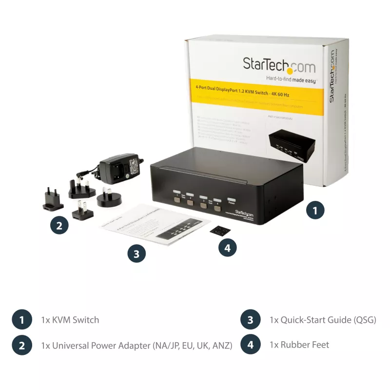 StarTech.com 4-Port Dual DisplayPort KVM Switch - 4K 60Hz, 3840 x 2160 pikseļi, 4K Ultra HD, Rack mounting, 18 W, 2U, Melns