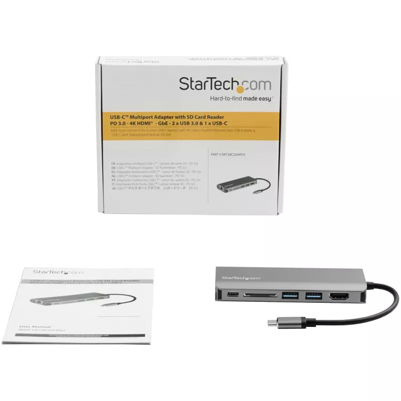 StarTech.com USB-C universālais adapteris - USB-C ceļojumu dokstacija ar 4K HDMI, 3x USB 3.0 centrmezglu, SD/SDHC, GbE, 60 W PD 3.0 caurlaidību - USB Type-C/Thunderbolt 3 - aizstāj DKT30CSDHPD