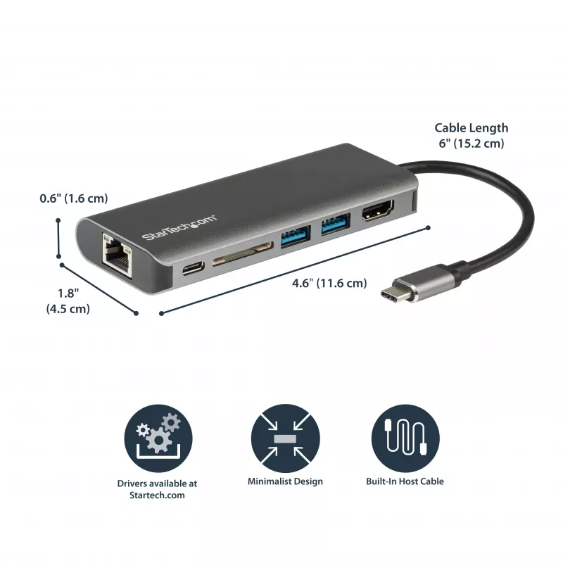 StarTech.com USB-C universālais adapteris - USB-C ceļojumu dokstacija ar 4K HDMI, 3x USB 3.0 centrmezglu, SD/SDHC, GbE, 60 W PD 3.0 caurlaidību - USB Type-C/Thunderbolt 3 - aizstāj DKT30CSDHPD