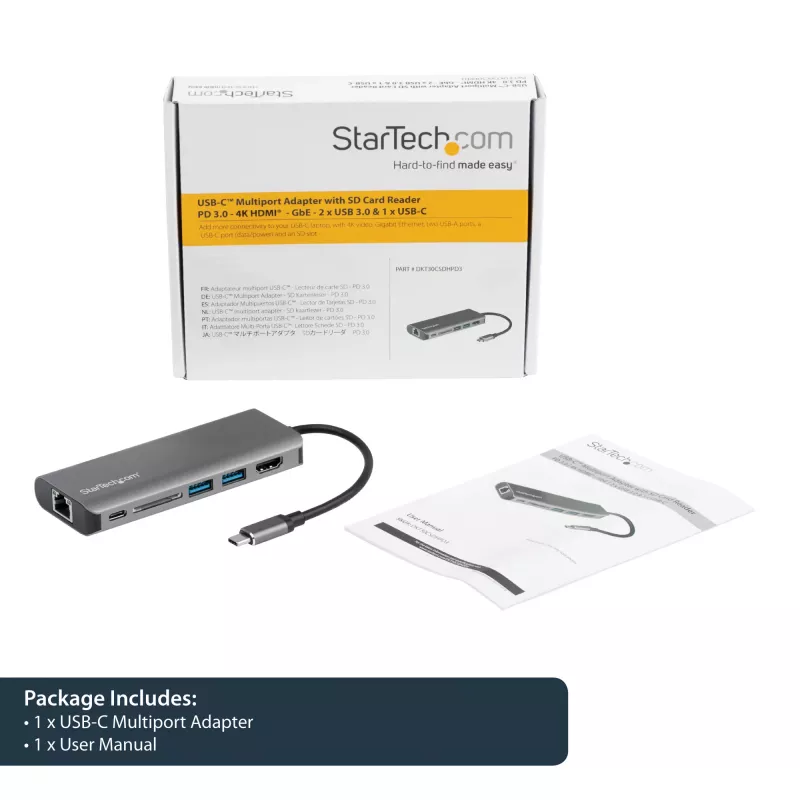StarTech.com USB-C universālais adapteris - USB-C ceļojumu dokstacija ar 4K HDMI, 3x USB 3.0 centrmezglu, SD/SDHC, GbE, 60 W PD 3.0 caurlaidību - USB Type-C/Thunderbolt 3 - aizstāj DKT30CSDHPD