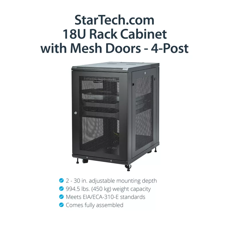 StarTech.com 4-stabu 18U serveru plauktu skapis, bloķējams 19 collu datu plauktu skapis datoru / AV / IT aprīkojumam, biroja / mājas tīkla plaukts ar ritentiņiem un regulējamām montāžas sliedēm