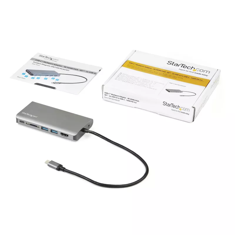 StarTech.com USB C daudzportu adapteris - USB-C Mini ceļojumu dokstacija ar 4K HDMI vai 1080p VGA - 3x USB 3.0 centrmezgls, SD, GbE, audio, 100 W PD caurlaide - pārnēsājama dokstacija klēpjdatoram/planšetdatoram