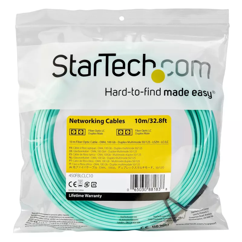 StarTech.com 10m (30 pēdas) LC/UPC uz LC/UPC OM4 daudzmodu optiskās šķiedras kabelis, 50/125µm LOMMF/VCSEL zipcord šķiedra, 100G, zemi ievades zudumi - LSZH optiskās šķiedras džempervads