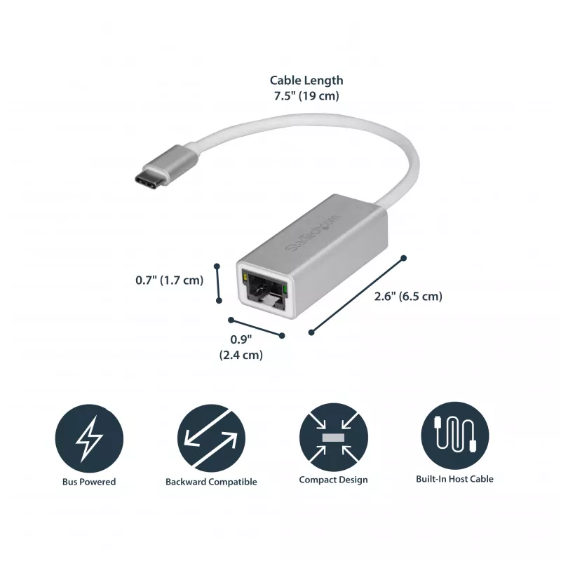StarTech.com USB-C uz Gigabit tīkla adapteris - sudraba krāsā, vadu, USB, Ethernet, 5000 Mbit/s, sudraba