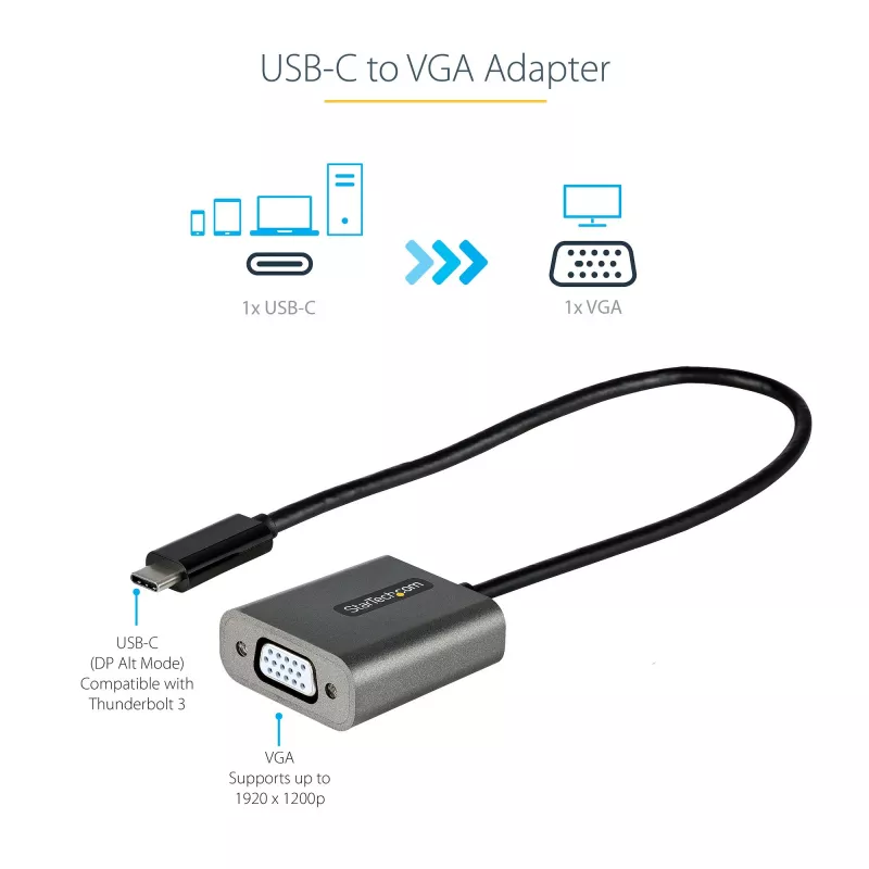 StarTech.com USB-C uz VGA adapteris - 1080p USB Type-C uz VGA adaptera sargspraudnis - USB-C (DP Alt Mode) uz VGA monitora/displeja video pārveidotājs - Thunderbolt 3 saderīgs - 12 collu garš pievienots kabelis - Uzlabotā CDP2VGA versija