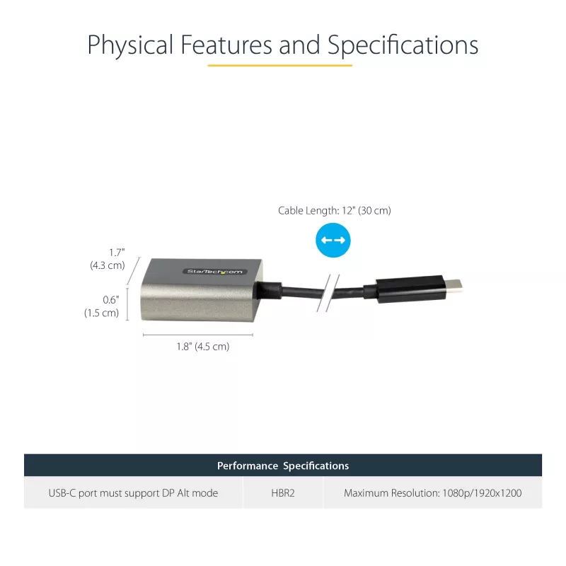 StarTech.com USB-C uz VGA adapteris - 1080p USB Type-C uz VGA adaptera sargspraudnis - USB-C (DP Alt Mode) uz VGA monitora/displeja video pārveidotājs - Thunderbolt 3 saderīgs - 12 collu garš pievienots kabelis - Uzlabotā CDP2VGA versija