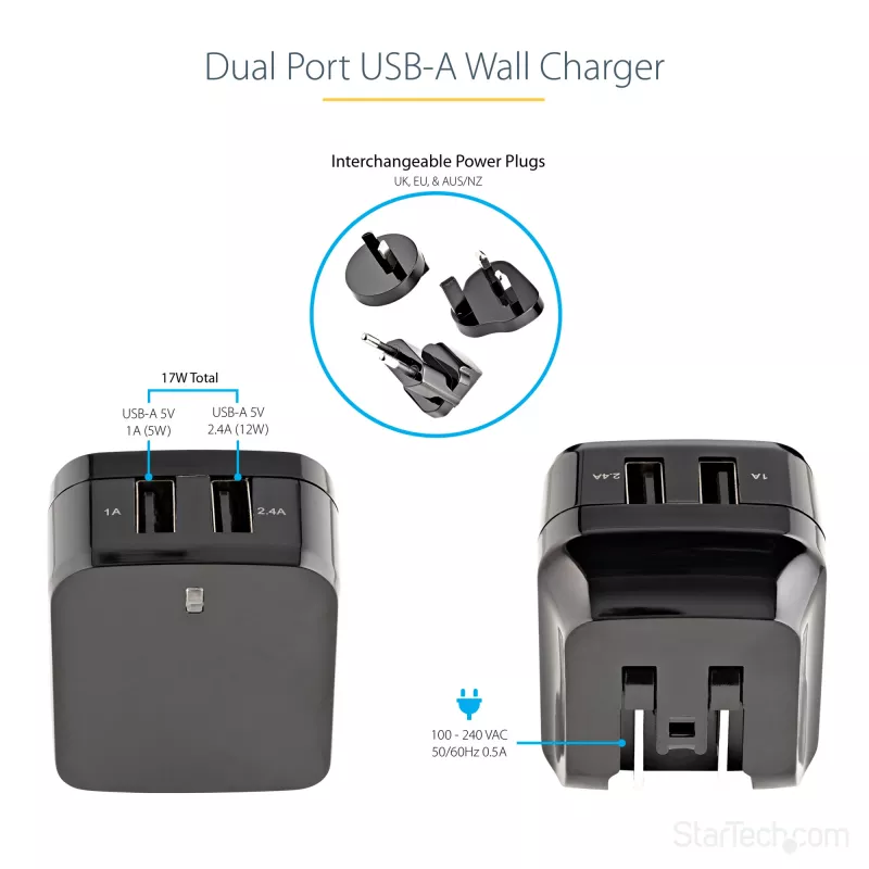 StarTech.com divportu USB sienas lādētājs - starptautiskiem ceļojumiem - 17W/3,4A - melns