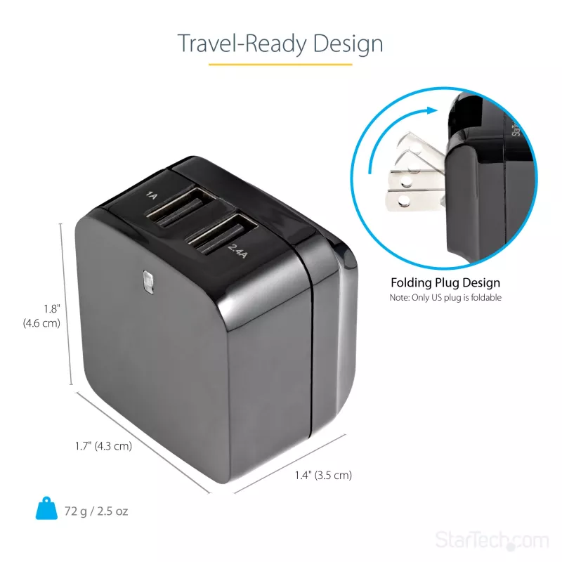 StarTech.com divportu USB sienas lādētājs - starptautiskiem ceļojumiem - 17W/3,4A - melns