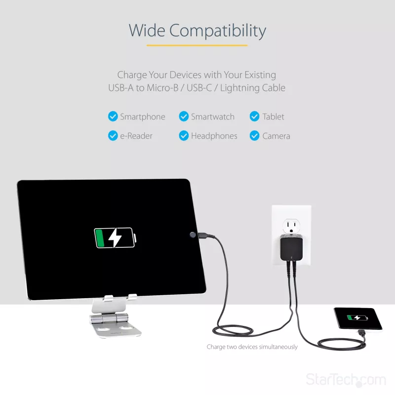 StarTech.com divportu USB sienas lādētājs - starptautiskiem ceļojumiem - 17W/3,4A - melns