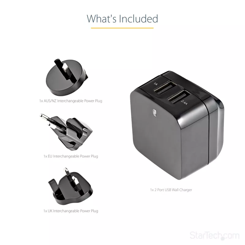 StarTech.com divportu USB sienas lādētājs - starptautiskiem ceļojumiem - 17W/3,4A - melns