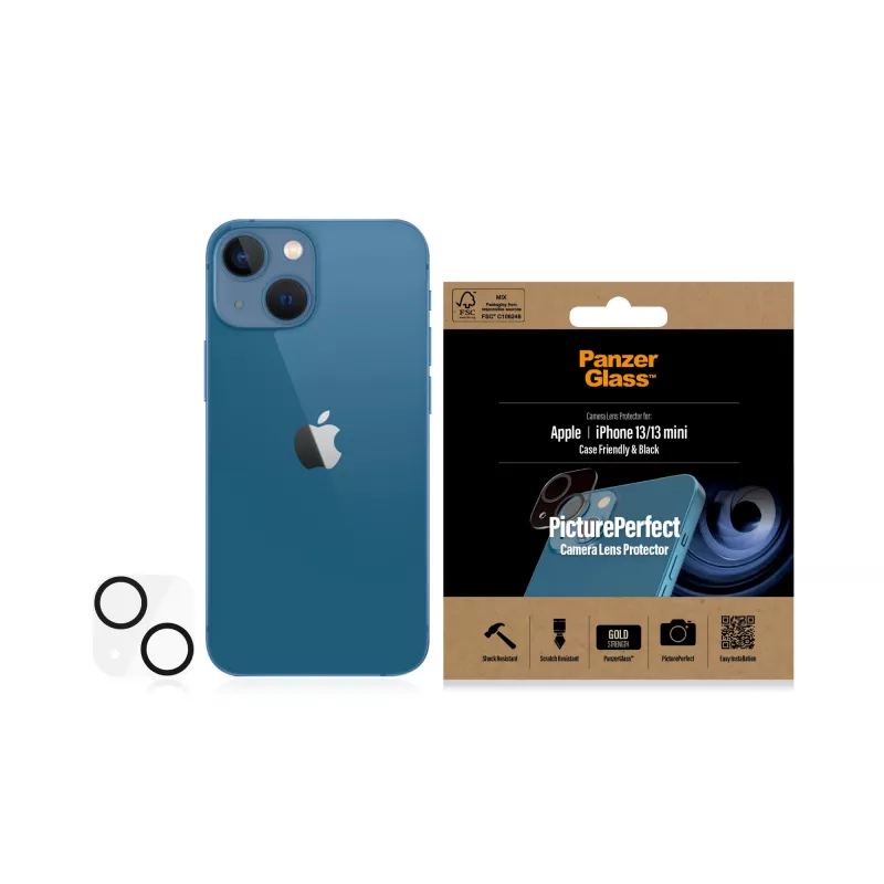 Kameras objektīva aizsargs PanzerGlass Apple iPhone 13 / 13 Mini — rūdīts stikls, izturīgs pret skrāpējumiem un triecieniem, caurspīdīgs