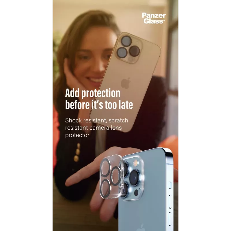 Kameras objektīva aizsargs PanzerGlass Apple iPhone 13 / 13 Mini — rūdīts stikls, izturīgs pret skrāpējumiem un triecieniem, caurspīdīgs